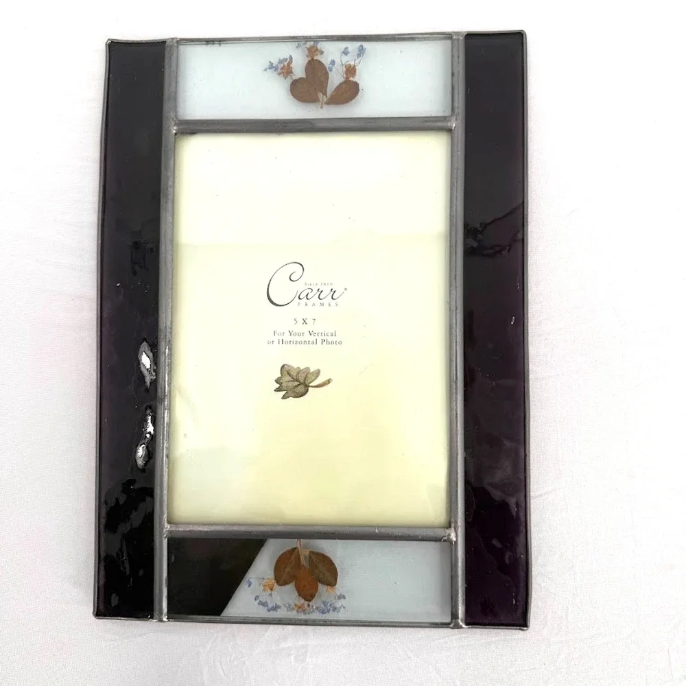 Vintage 1999 Carr Burnes Boston Stained Glass 5x7 Frame Pressed Flowers Purple